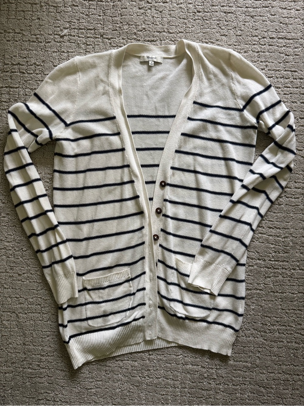 Madewell White and Navy Striped Cotton Cardigan Cotton Size Medium Nautical - Picture 7 of 9